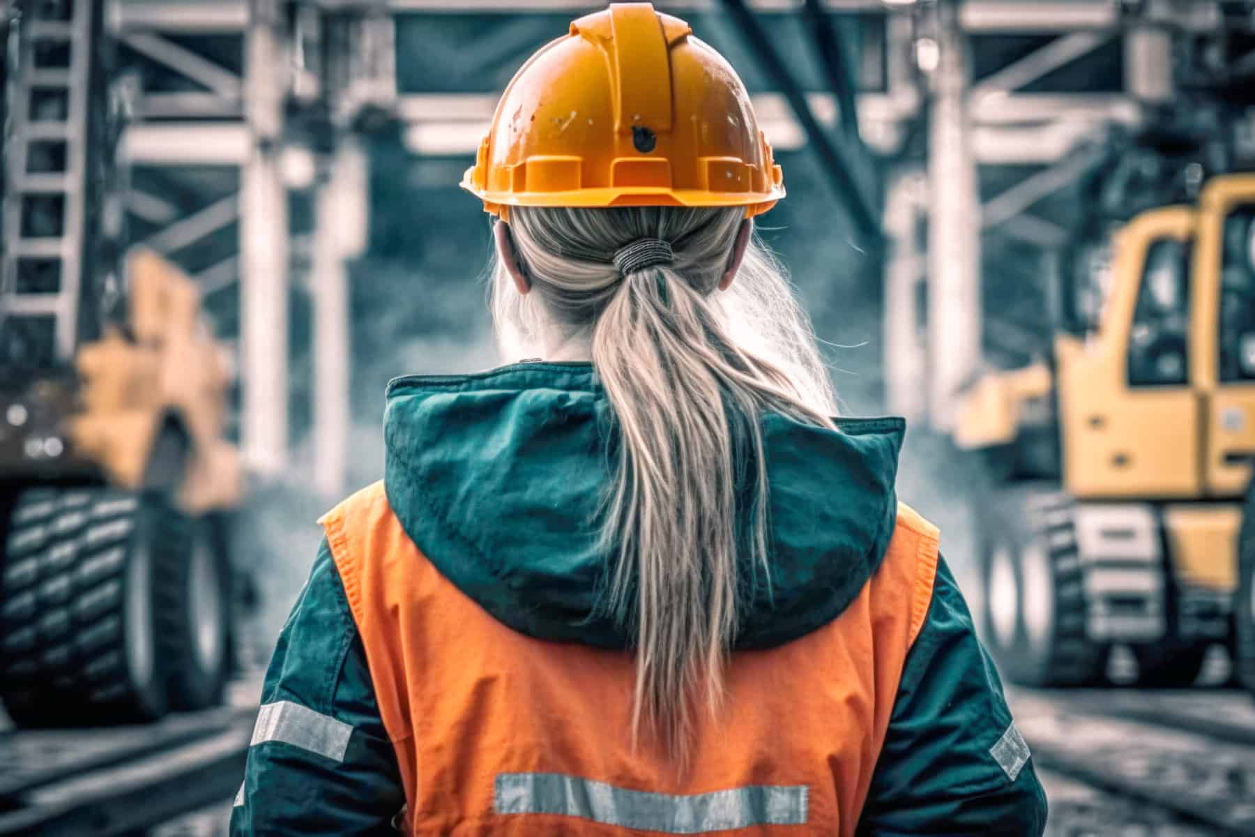 A young female worker wearing a protective helmet and safety gear on a construction site.